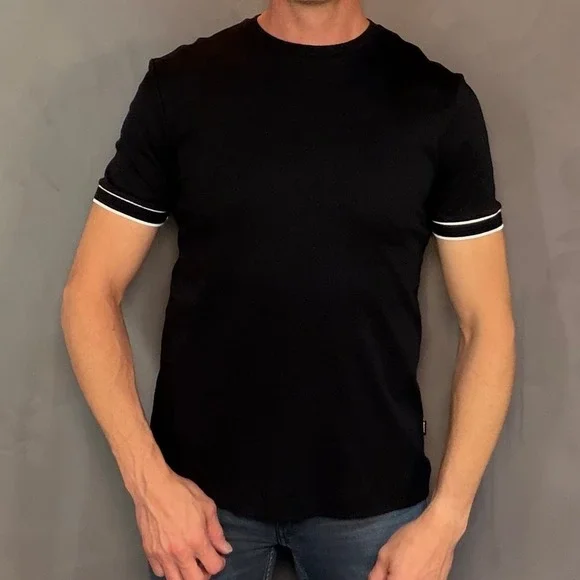 BOSS Hugo Boss Tiburt 446 Mercerised Black T-Shirt with Contrast Trim - Size S - Picture 1 of 7